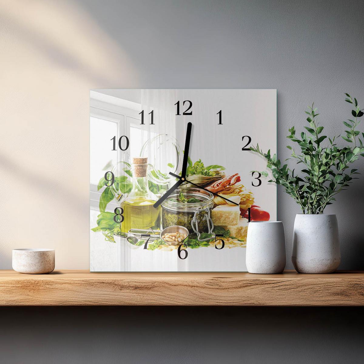 WANDUHR aus Glas 30x30 cm - Nudeln mit Öl - Multicolor, Glas (30/30/0.4cm) - TULUP