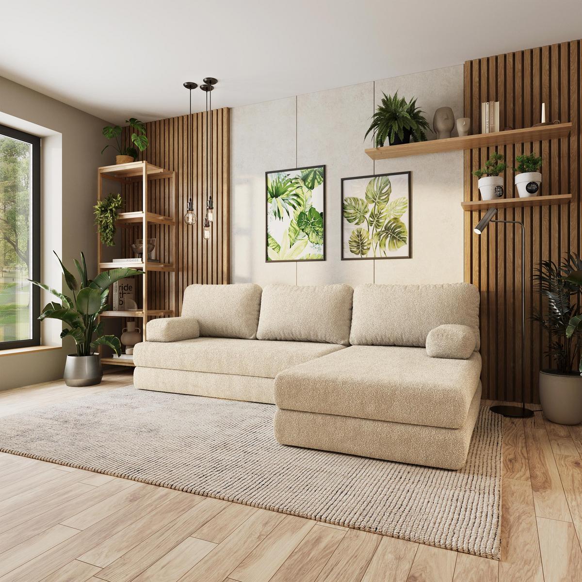ECKSOFA LEA modulares Boneless Sofa mit Schlaffunktion Creme Boucle-Stoff - Creme, Textil (270/160cm) - MASSENO