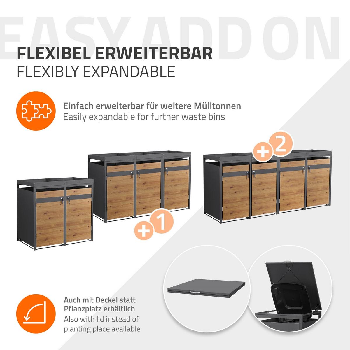 MÜLLTONNENBOX 2er mit Pflanzdach Anthrazit-Holzoptik - Braun, Metall (132/124/80cm) - ML-DESIGN