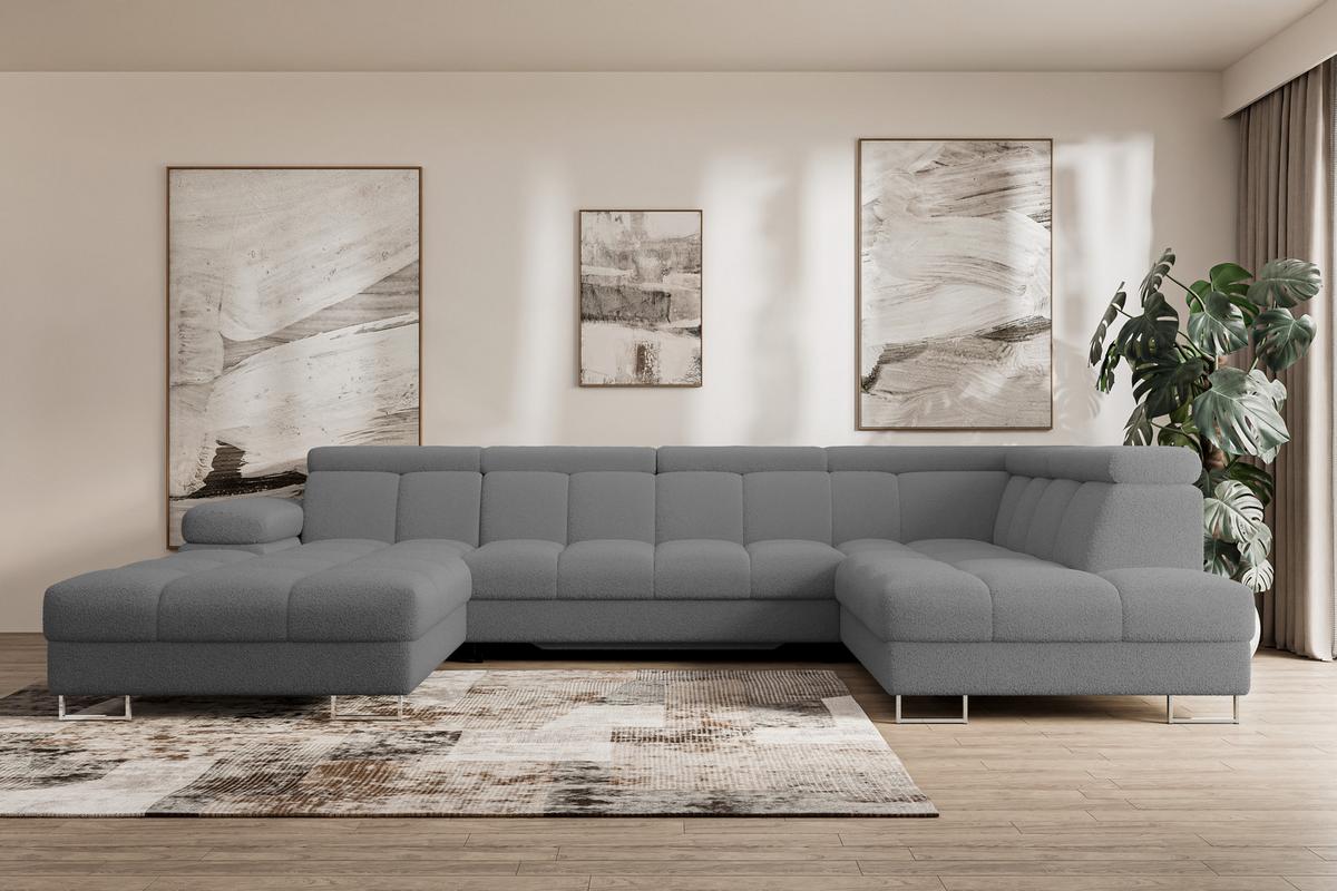 WOHNLANDSCHAFT mit Schlaffunktion und Bettkasten Ottomane RECHTS COMA U 345x203x79 Grau Bouclé - Chromfarben, Holzwerkstoff/Textil (203/79/345cm) - ALTDECOR