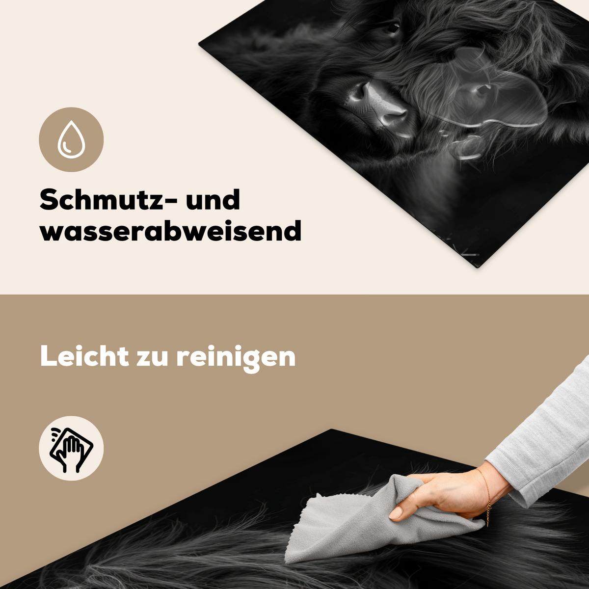 HERDABDECKPLATTE Scottish Highlander - Schwarz - Kalb - Kuh Induktionsmatte 71x52 cm - Schwarz, Kunststoff (71/52/0.2cm) - MuchoWow