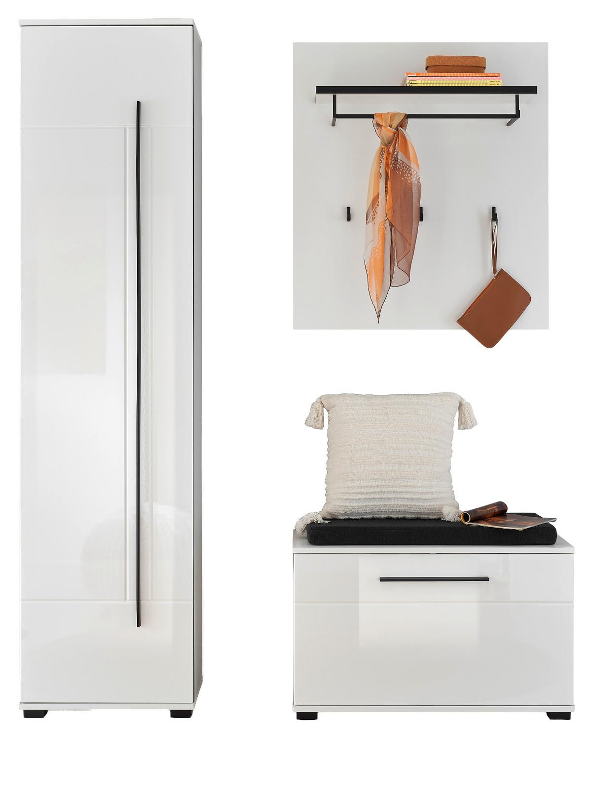 GARDEROBEN-SET weiß Hochglanz 4-teilig 140 cm, Flurgarderobe mit Soft-Close - Dunkelgrau/Weiß Hochglanz, Holzwerkstoff/Kunststoff (140/200/40cm) - Furn.Design
