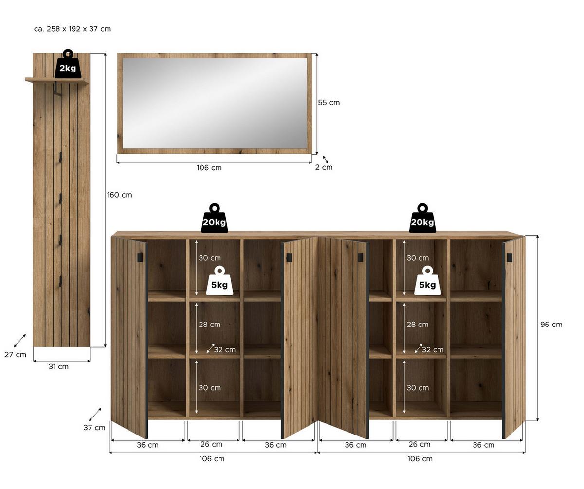 GARDEROBEN-SET Evoke Eiche 4-teilig 258 cm, Komplettset mit viel Stauraum - Schwarz/Eiche Artisan, Glas/Holzwerkstoff (258/192/37cm) - Inn.Furn