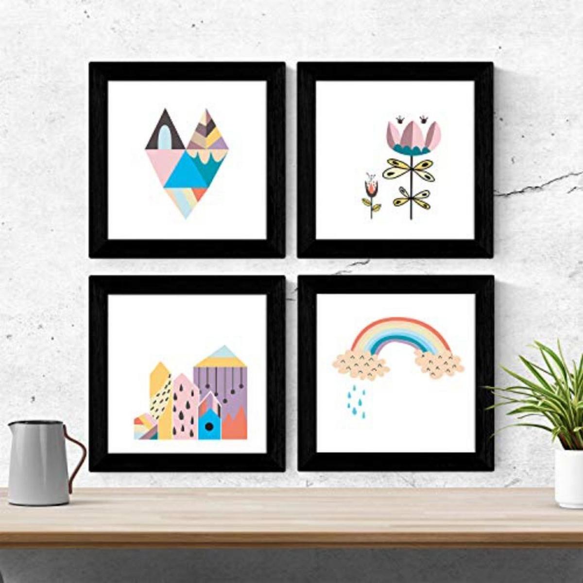 POSTER Set mit 4 natur skandinavischen 25x25 cm Schwarzer Rahmen - Schwarz, Papier (25/3cm) - Nacnic