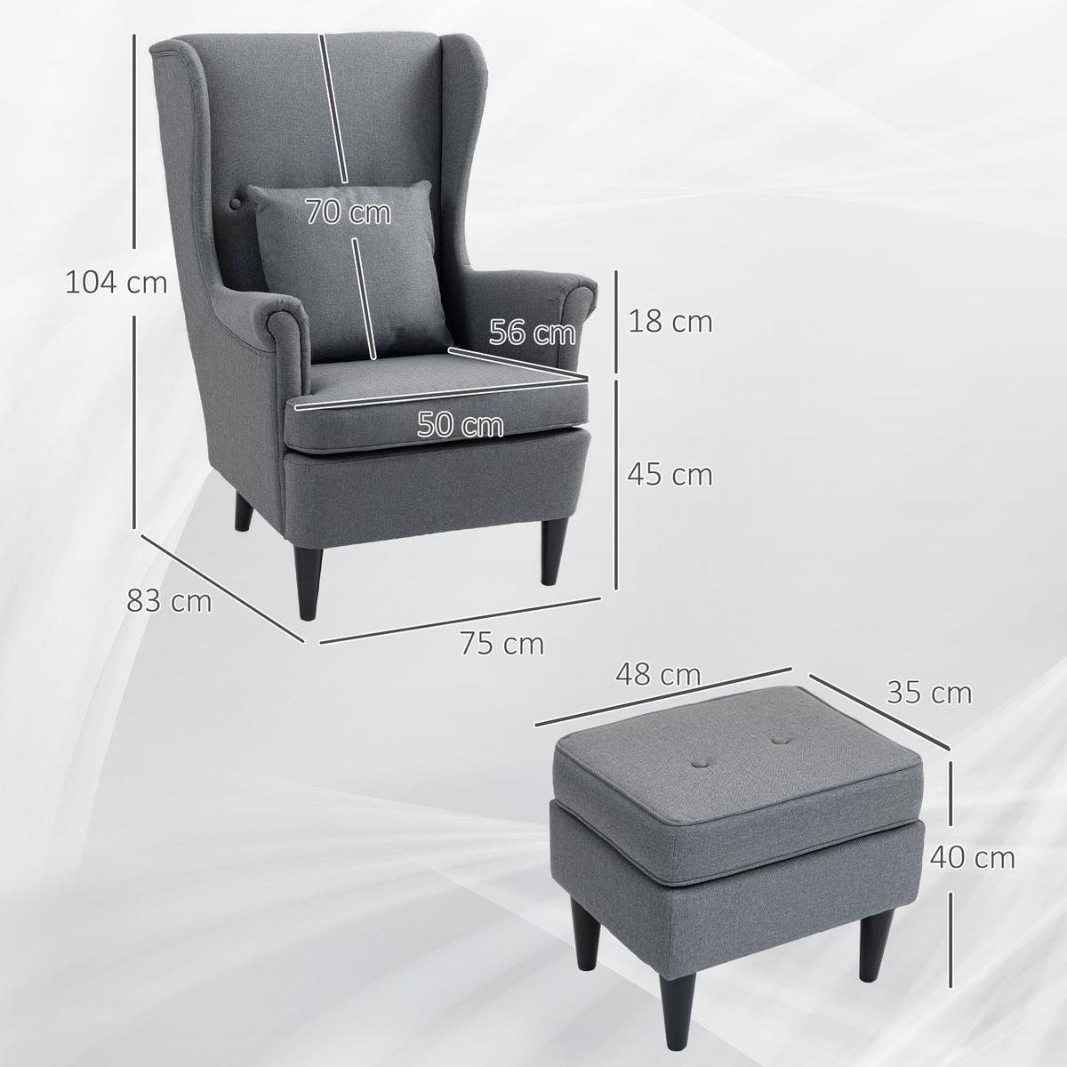 OHRENSESSEL mit Hocker Sessel mit Leinenoptik, Lendenkissen für Wohnzimmer Grau - Grau, Kunststoff (75/104/83cm) - HOMCOM