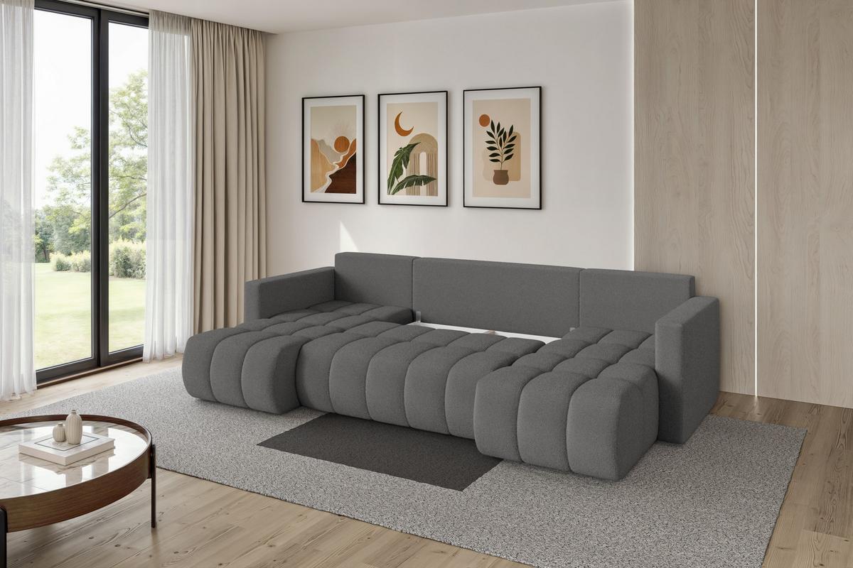 WOHNLANDSCHAFT mit Schlaffunktion und Bettkasten GARD-U 300x146x85 Grau Bouclé - Schieferfarben/Schwarz, Holzwerkstoff/Kunststoff (300/85/146cm) - ALTDECOR