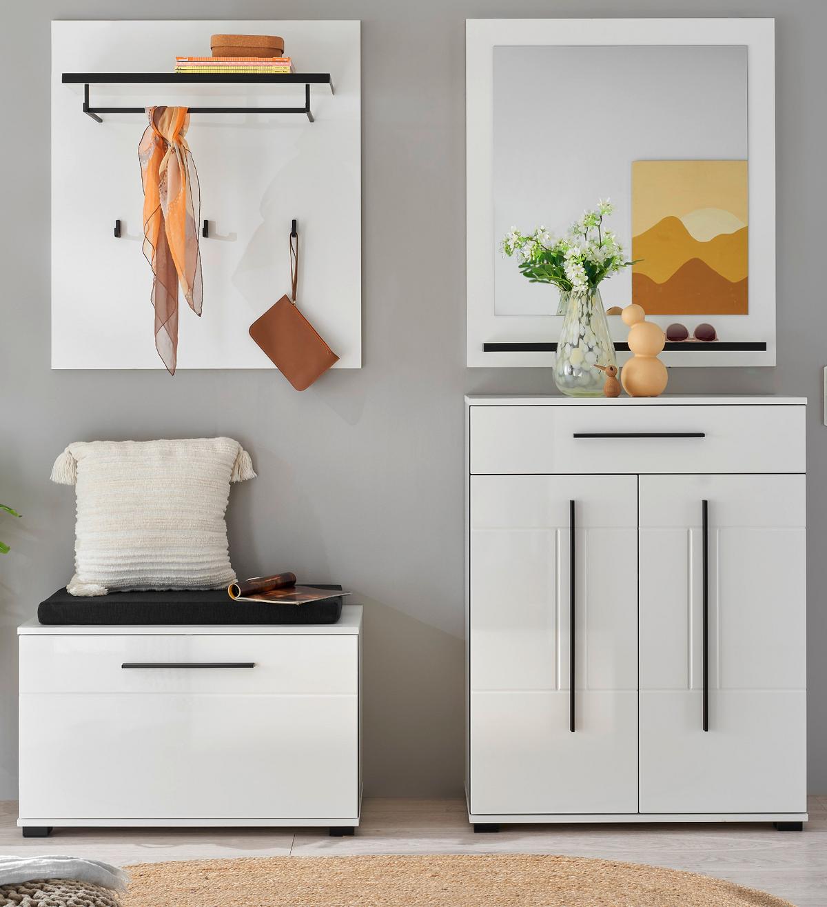 GARDEROBEN-SET weiß Hochglanz 5-teilig 170 cm, Flurgarderobe mit Soft-Close - Dunkelgrau/Weiß Hochglanz, Glas/Holzwerkstoff (170/200/40cm) - Furn.Design