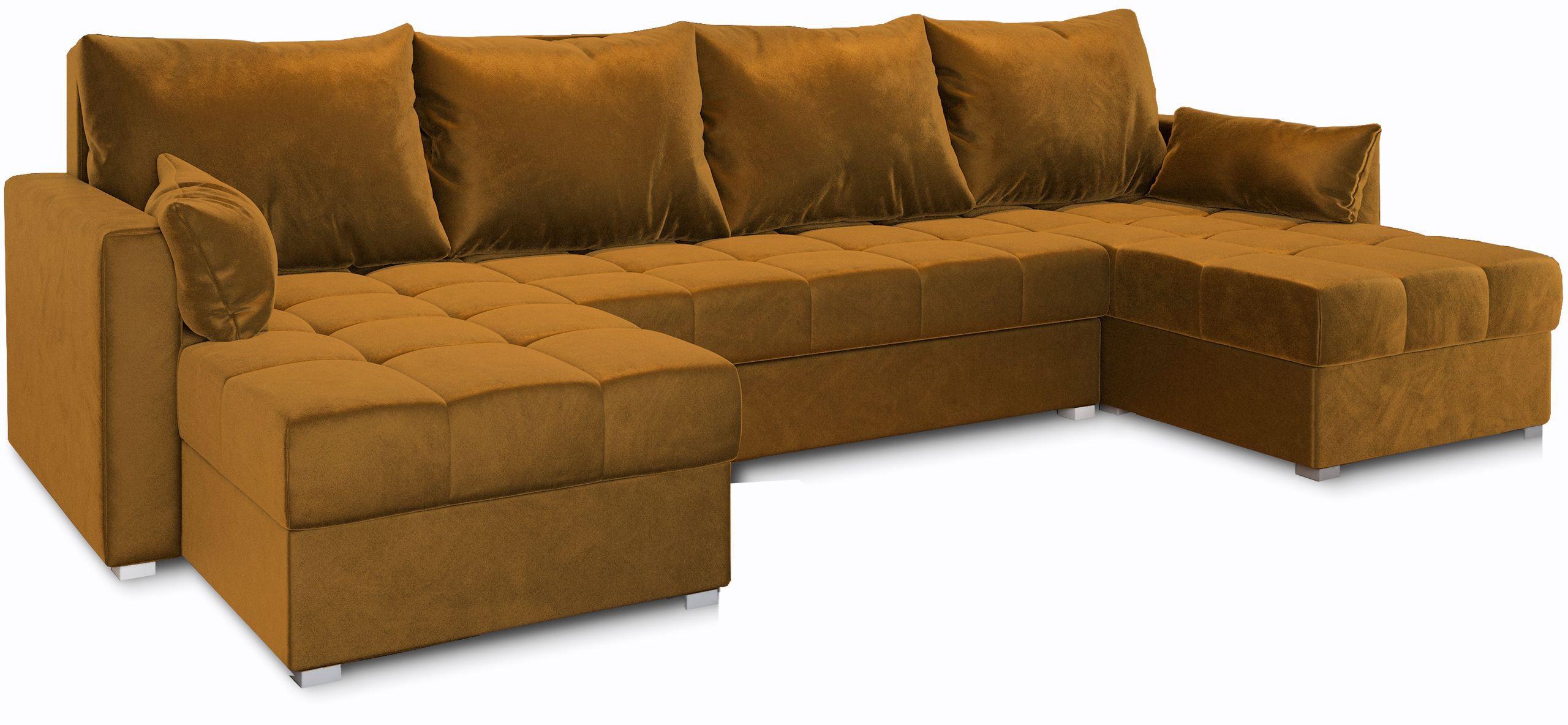 WOHNLANDSCHAFT NAKO Gelb Plüsch-Stoff mit Schlaffunktion - Gelb/Grau, Holz/Kunststoff (285/85/140cm) - MASSENO
