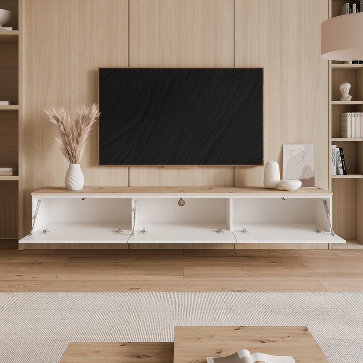 TV-LOWBOARD SELIA hängend 200 cm Weiß / Handgefertigte Eiche - Weiß, Holzwerkstoff (200/28.5/35cm) - Idohome