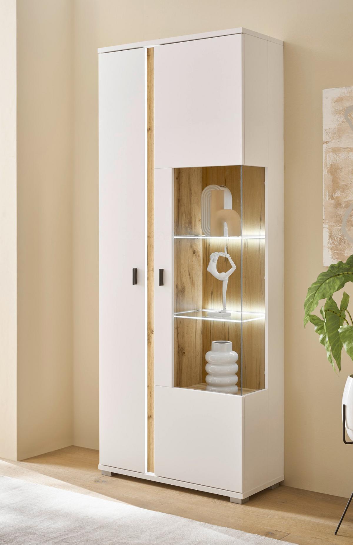 VITRINE weiß matt, Eiche Wotan 80 x 200 cm, Vitrinenschrank inklusive Frontbeleuchtung - Eiche Wotan/Silberfarben, Glas/Holzwerkstoff (80/200/35cm) - Furn.Design
