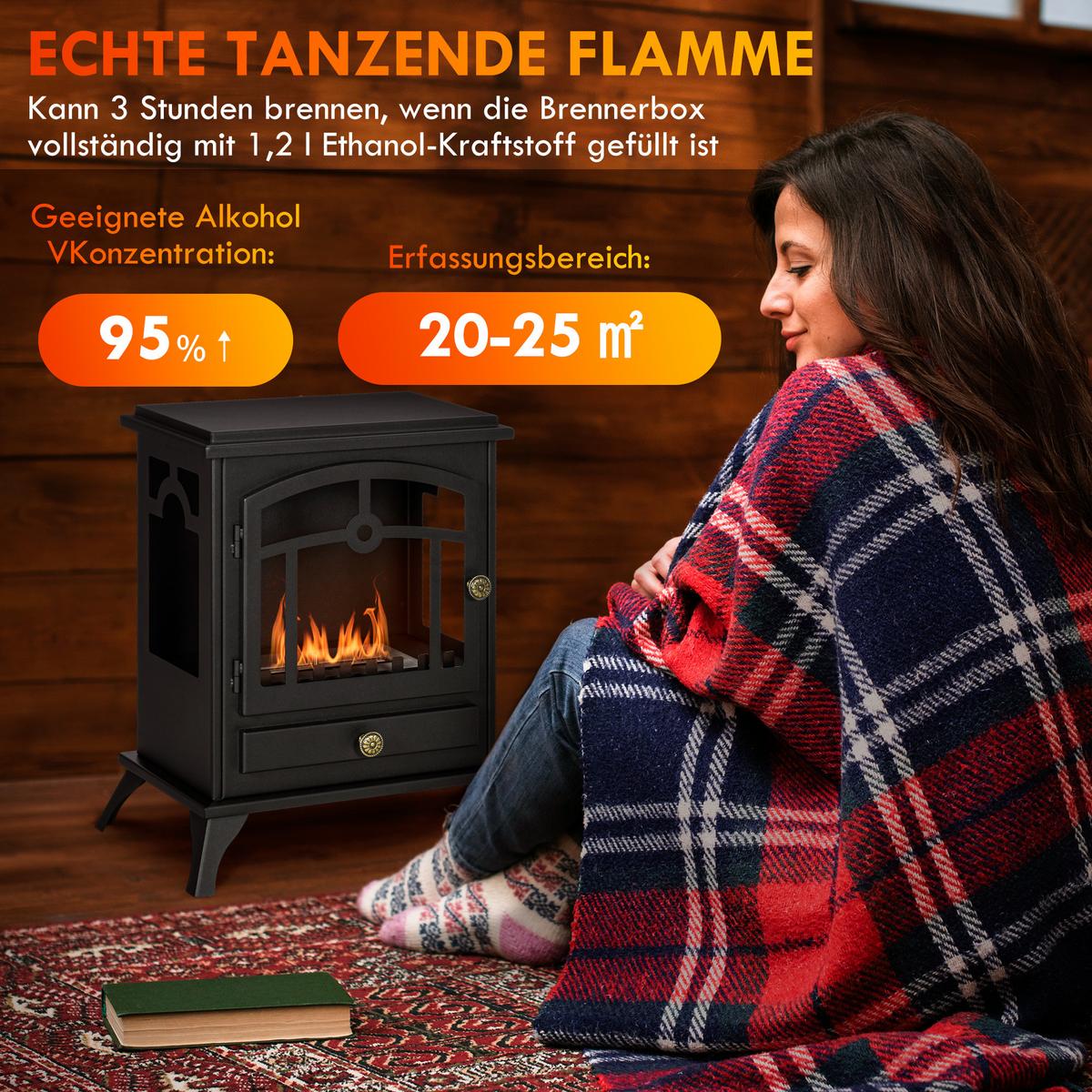 ETHANOL Kamin, 7000BTU Bio-Ethanol Kamin, 1,2L Ethanol Ofen mit Feuerdeckel - Schwarz, Metall (28/54/45cm) - HOMCOM