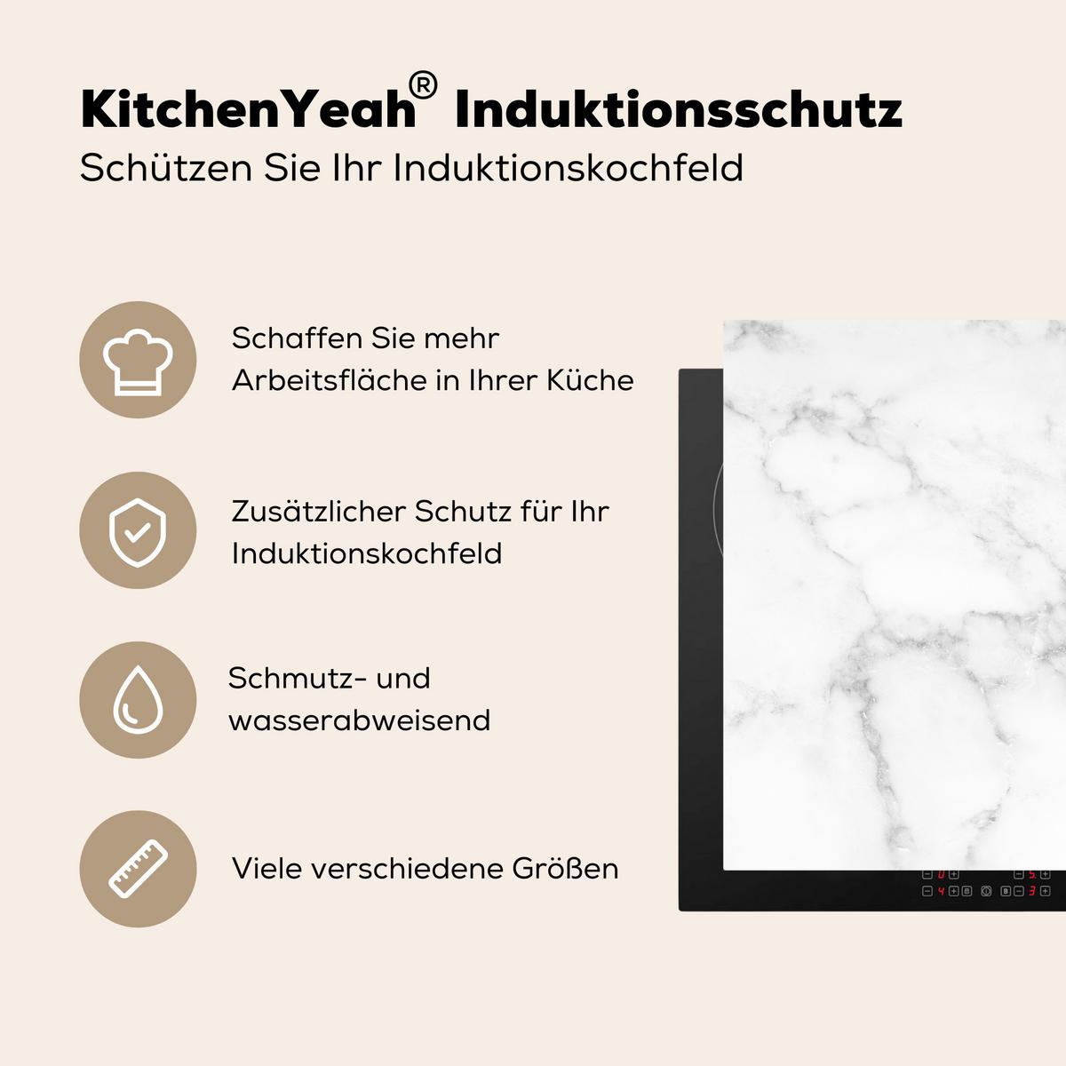 HERDABDECKPLATTE Marmor - Grau - Weiß - Strukturierter Marmor Herdabdeckung Induktionsfeld 65x52 cm - Weiß, Kunststoff (65/52/0.2cm) - MuchoWow