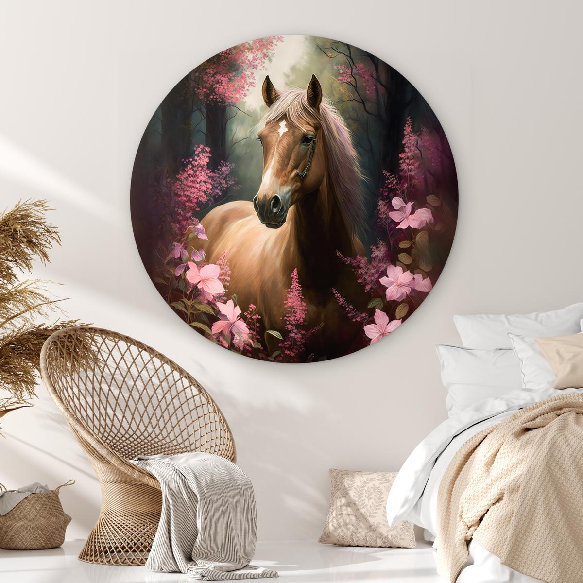 WANDBILD Pferd - Blumen - Rosa - Natur - Wald Deko Groß 150x150 cm - Altrosa, Kunststoff (150/150cm) - MuchoWow