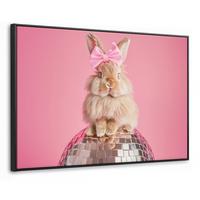 LEINWAND Bilder mit Rahmen - Schleife - Discoball - Kaninchen - 150x100 - Pink, Textil (150/100cm) - MuchoWow