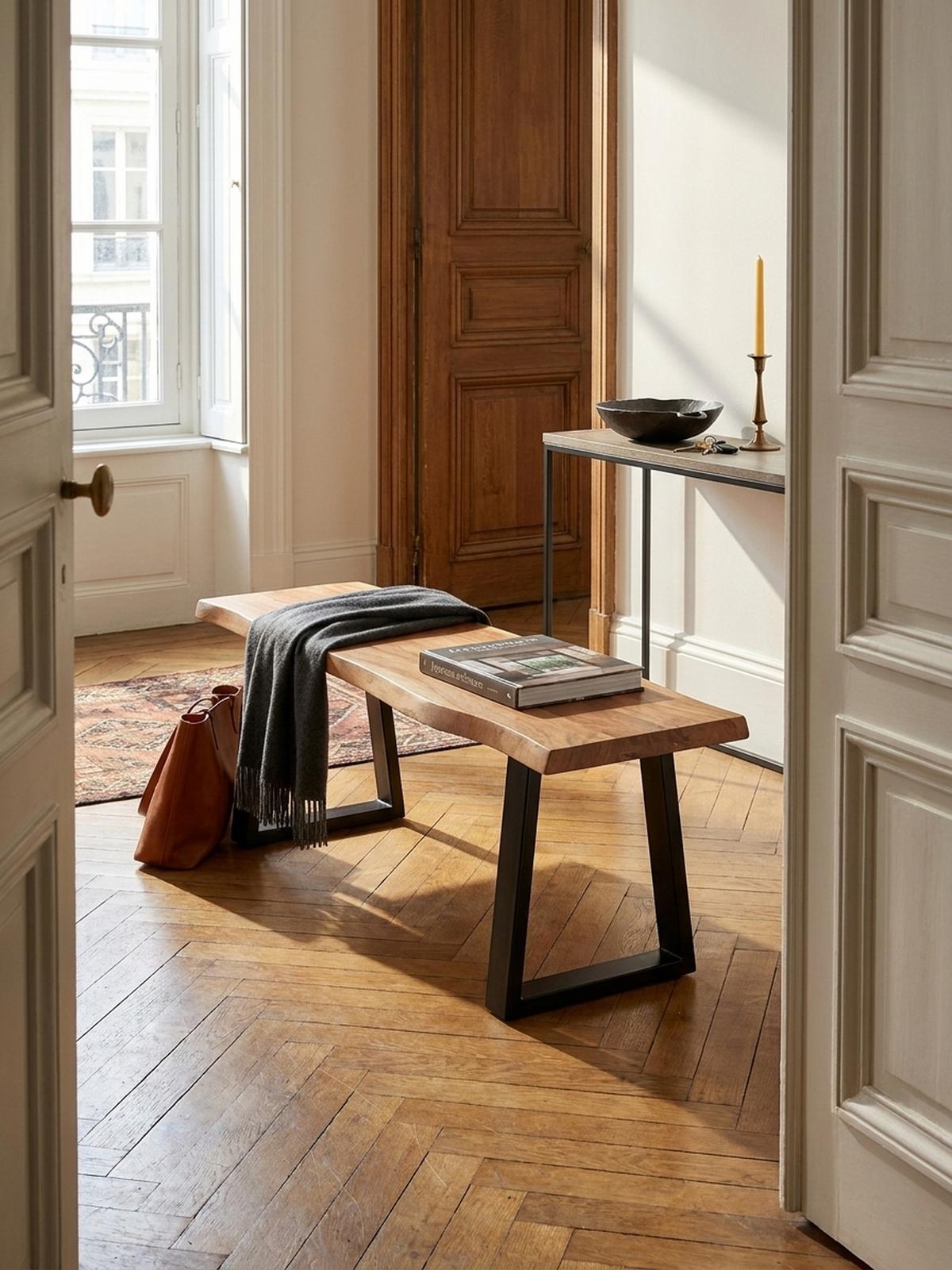 GARDEROBENBANK Massivholz Metall Baumkante, Akazie-Schwarz 120x40x46 cm - Schwarz/Braun, Holz/Metall (120/46/40cm) - KADIMA DESIGN
