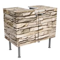 WASCHBECKENUNTERSCHRANK Asian Stonewall - Steinmauer aus großen hellen Steinen 60/55/35 cm - Beige, Holzwerkstoff (60/55/35cm) - Bilderwelten