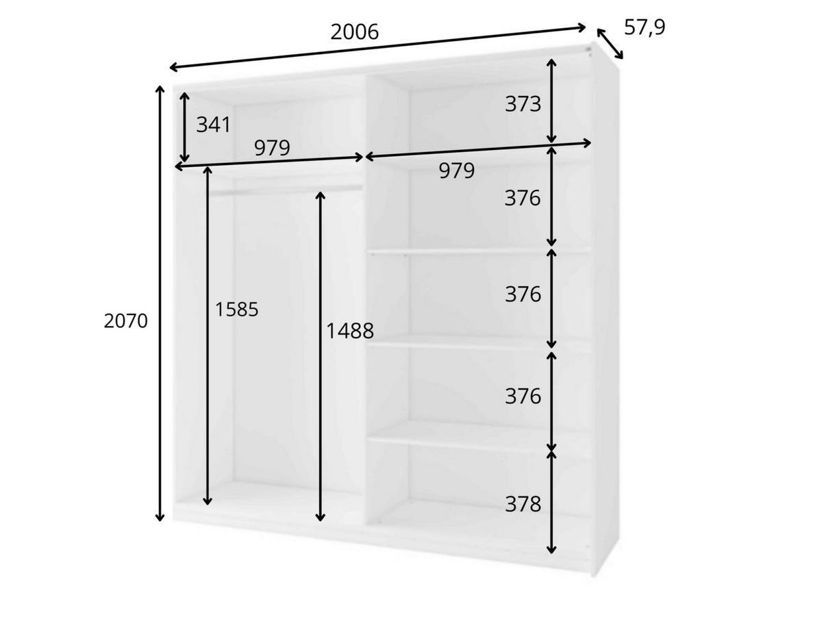 SCHWEBETÜRENSCHRANK ODRIK 200,6/207/55,3cm 2-türig mit Spiegel Weiß - Weiß, Holzwerkstoff (200.6/207/55.3cm) - MASSENO