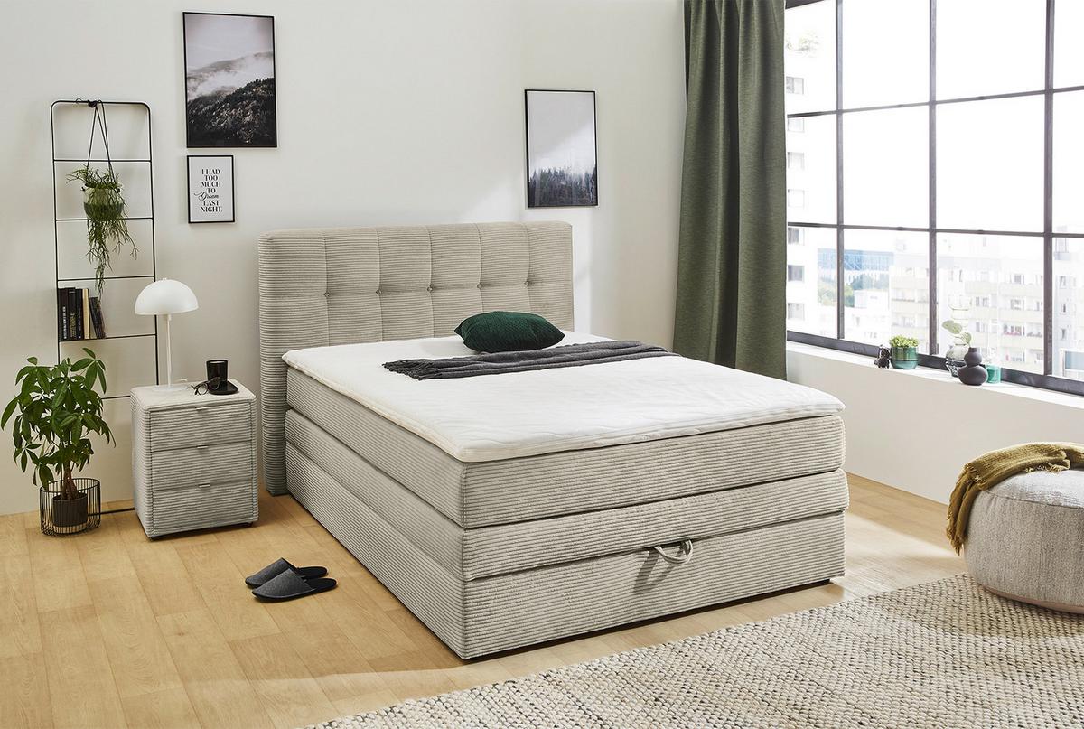 BOXSPRINGBETT 140x200 cm, 7-Zonen-Tonnentaschen-Federkernmatratze H3, Topper, Bonell-Federkern, großer Bettkasten, Cord Beige Grau / 20036 - Greige/Schwarz, Kunststoff/Textil (140/200cm) - luma-home