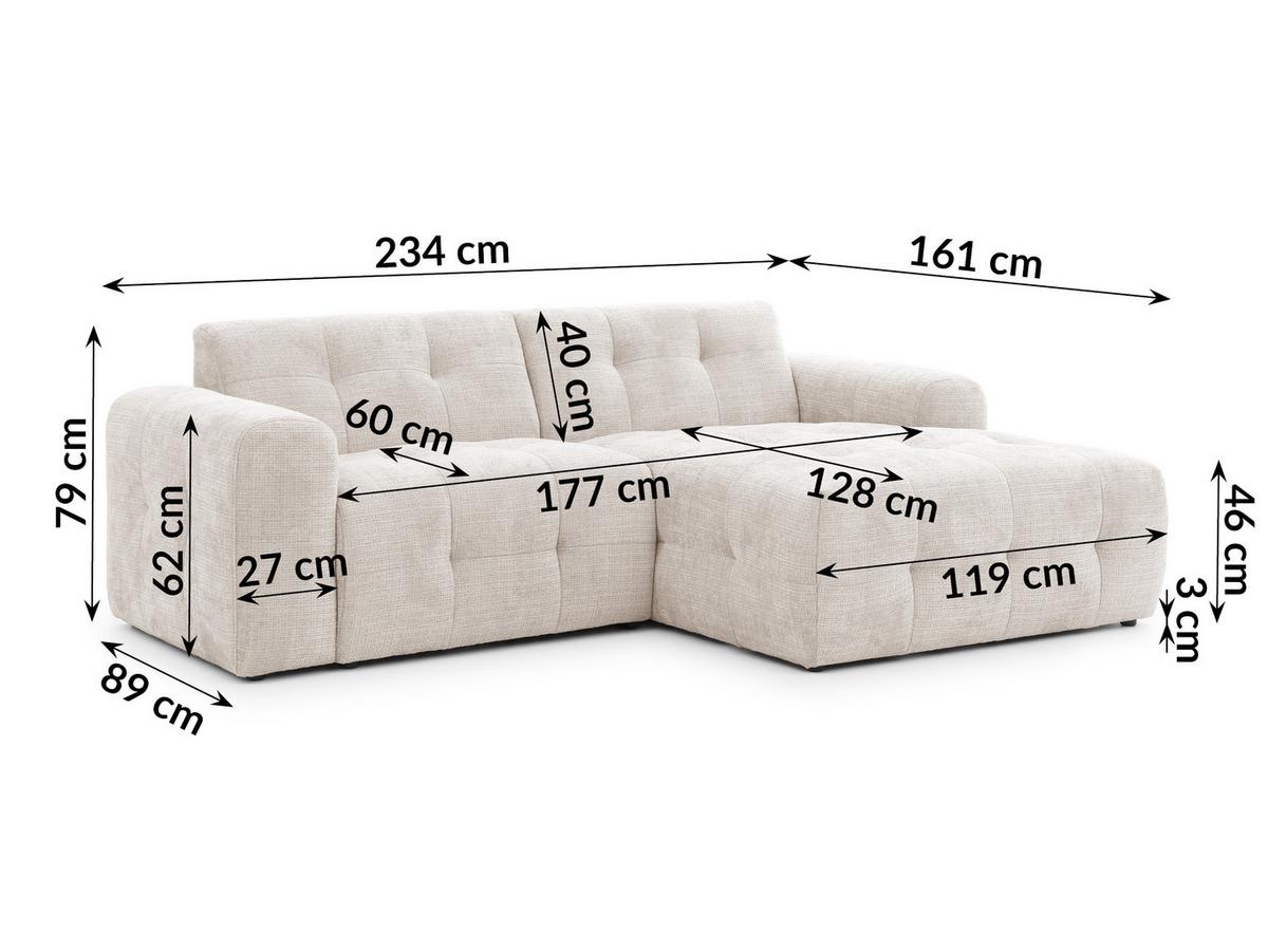 ECKSOFA inkl. Hocker Kozy im Bumpy-Design mit Schlaffunktion und fester Rückenlehne aus weichem Beige Chenille-Stoff - Ottomane rechts - Beige/Creme, Holz/Kunststoff (234/161cm) - S-Style Möbel