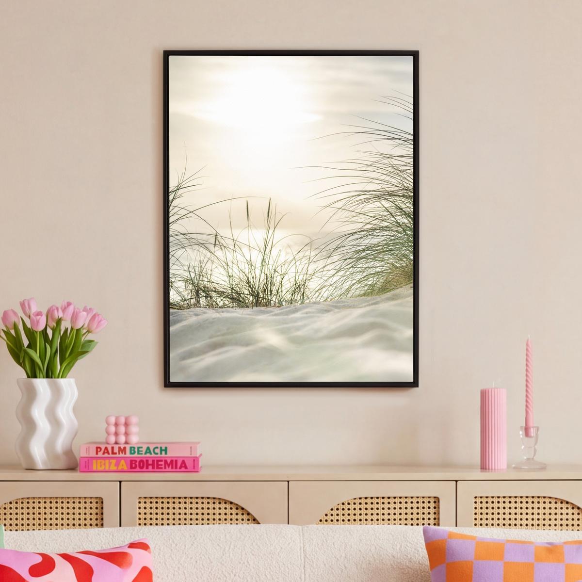 LEINWAND Bilder mit Rahmen - Dünen mit Strandhafer in der Sonne des Nationalparks Schleswig-Holsteinisches Wattenmeer - 70x100 - Creme, Textil (70/100cm) - MuchoWow
