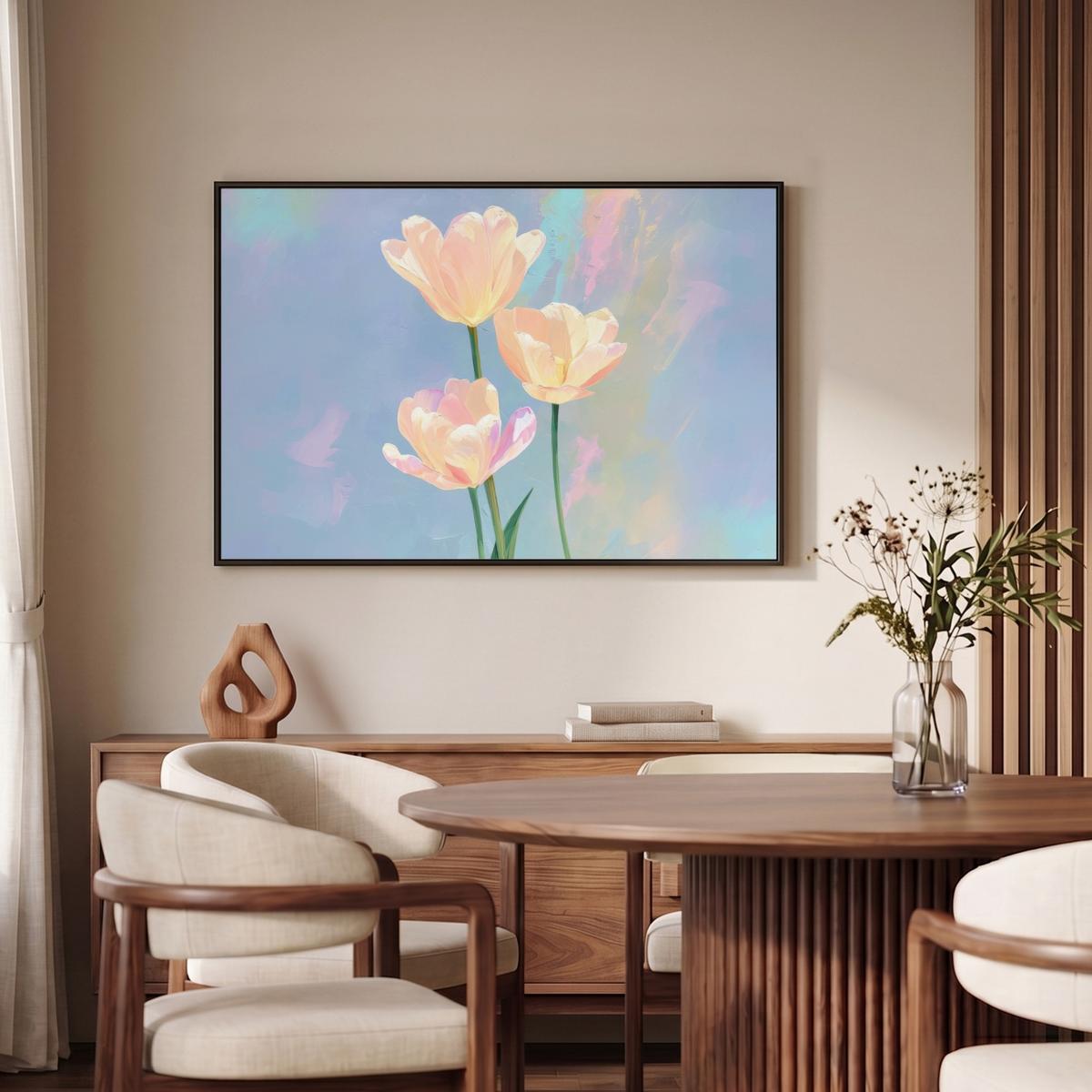 LEINWAND Bilder mit Rahmen - Tulpen - Rosa Akzente - Blau - 90x60 - Pastellblau, Textil (90/60cm) - MuchoWow