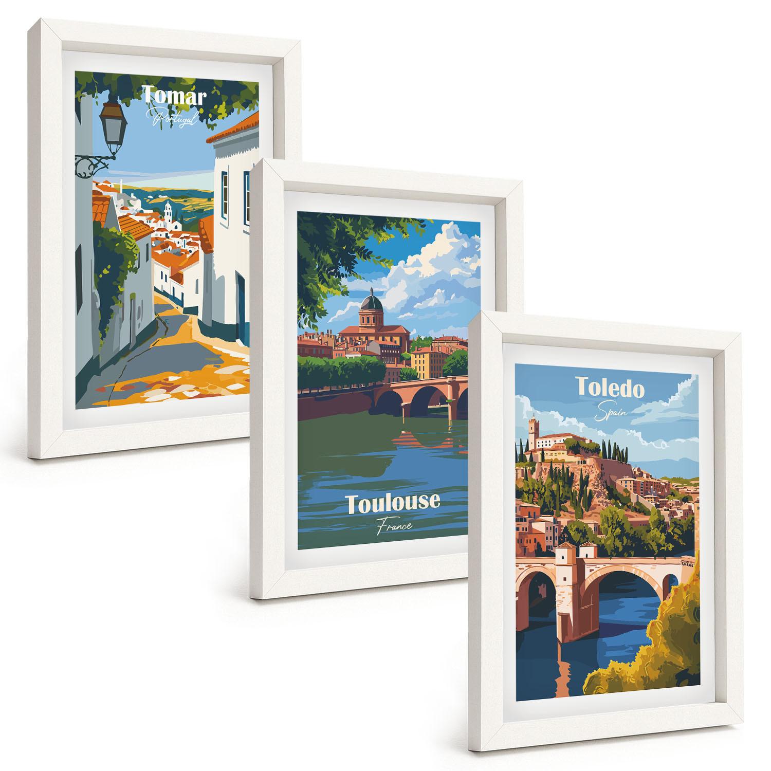 BILDER SET 3er Set - 20x30 cm Weißer Rahmen - Retro-Stadtgrafiken - Weiß, Kunststoff (20/30cm) - TULUP