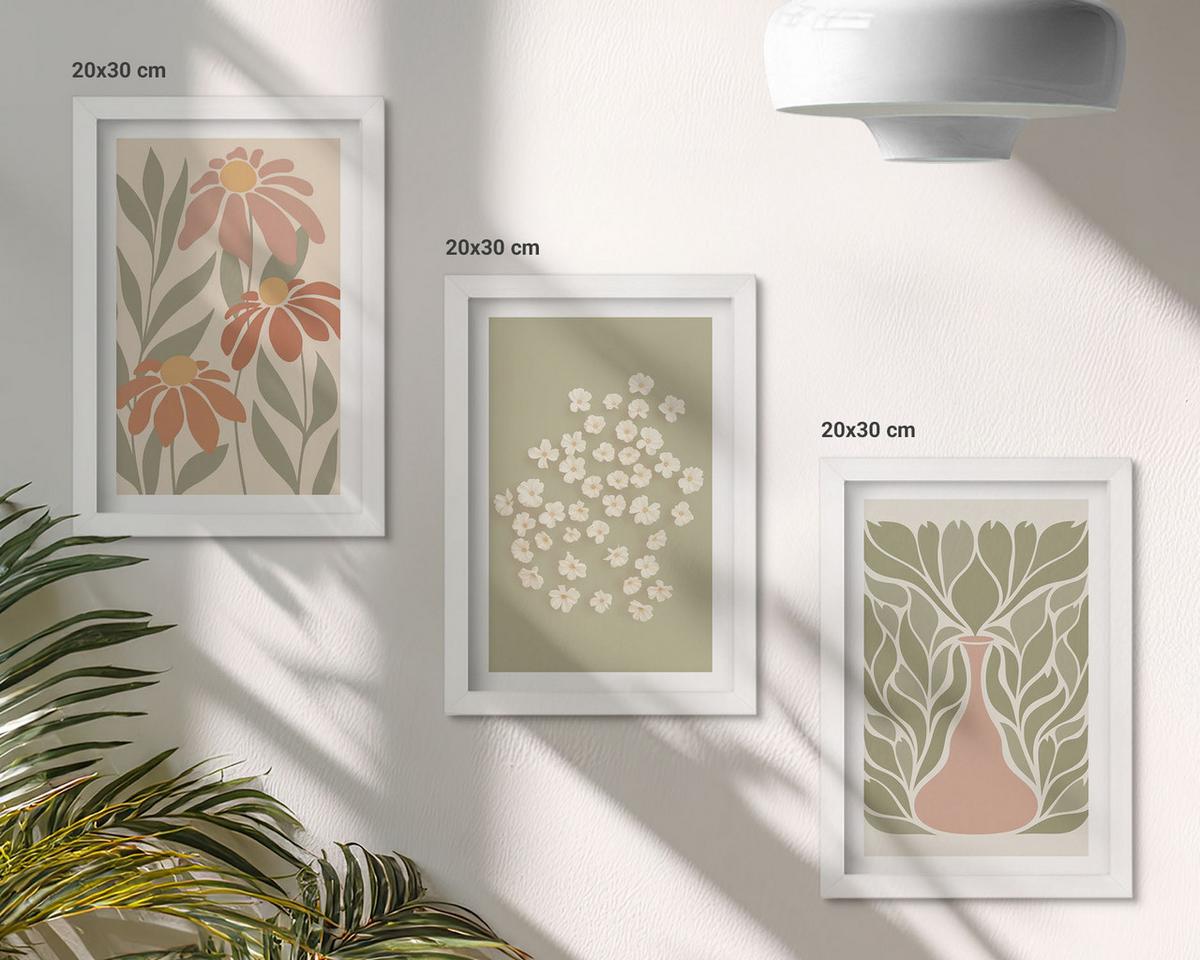 BILDER SET 3er Set - 20x30 cm Weißer Rahmen - Florale Boho-Muster - Weiß, Kunststoff (20/30cm) - TULUP