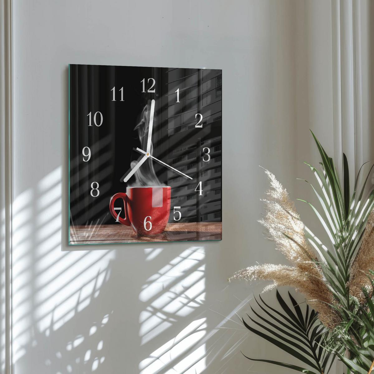 WANDUHR aus Glas 30x30 cm - Tasse Kaffee - Rot, Glas (30/30/0.4cm) - TULUP
