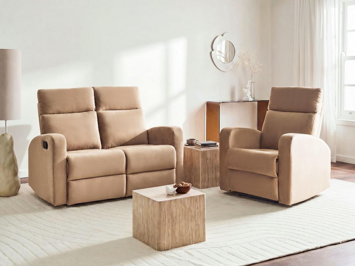 SOFA-SET manuell verstellbar 3-Sitzer Samtstoff Hellbraun Verdal - Hellbraun/Braun, Textil (133/100/73cm) - Beliani
