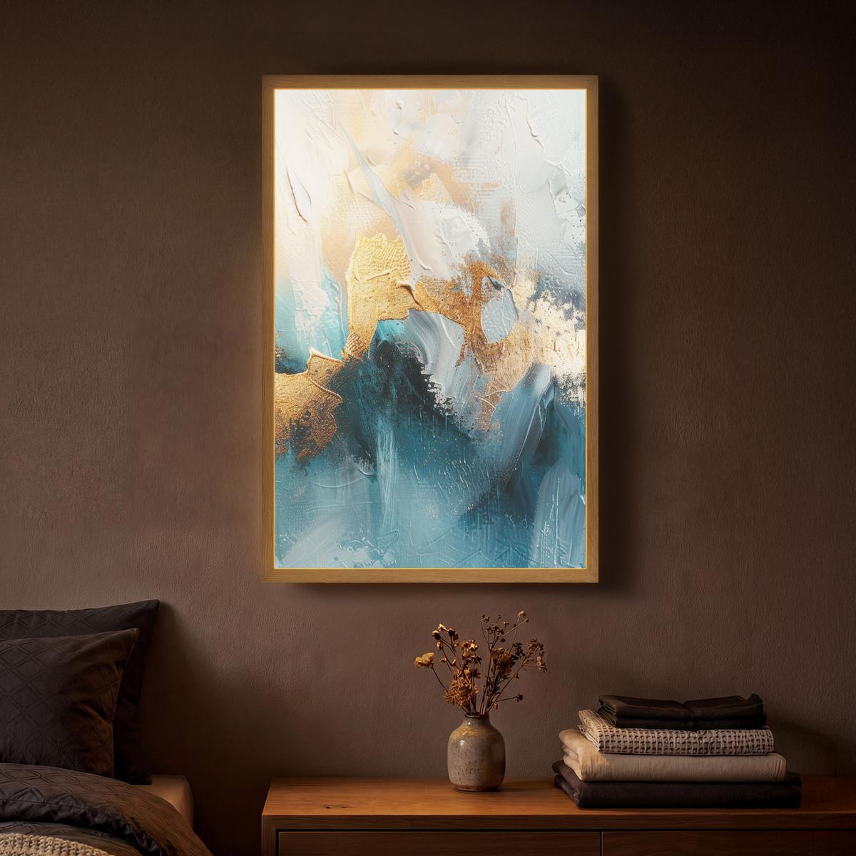 WANDLEUCHTE MIT AKKU Abstrakt - Kunst - Gold - Blau 40x60 cm - Türkis, Holzwerkstoff (40/60/8cm) - OnlyWow