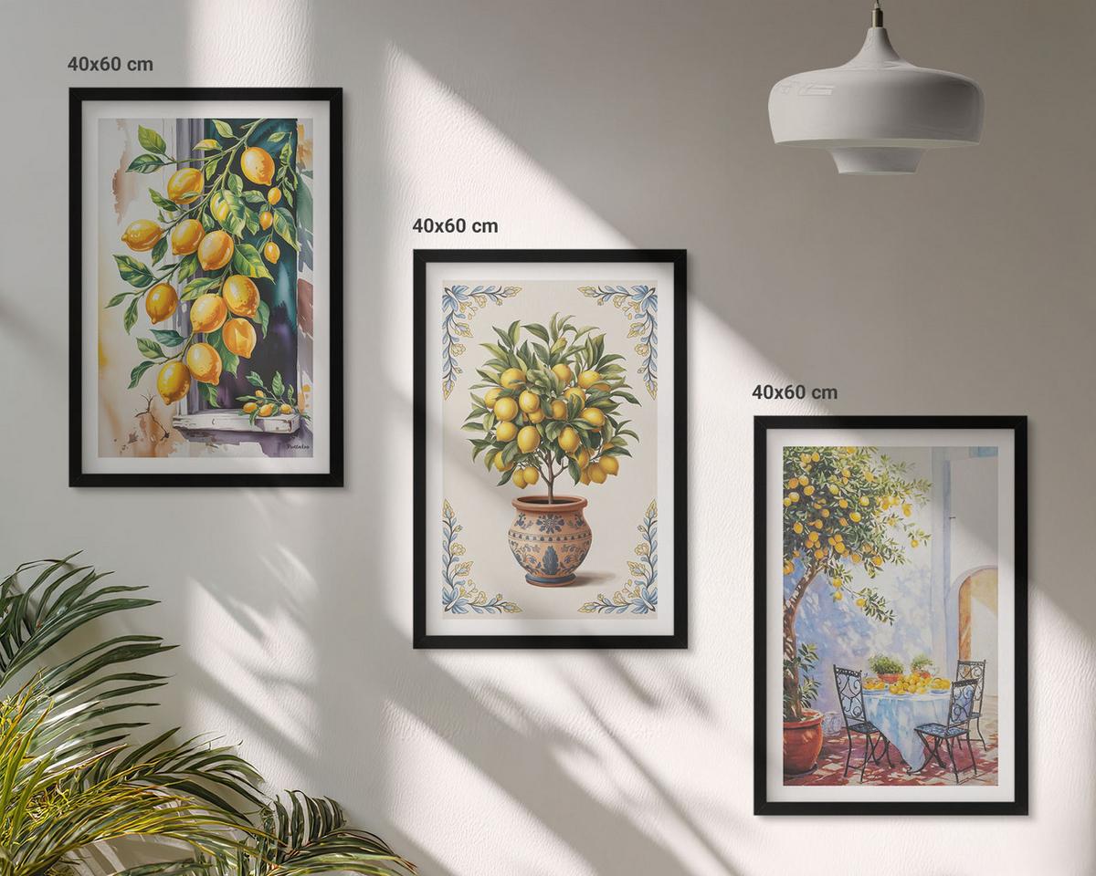 BILDER SET 3er Set - 40x60 cm Schwarzer Rahmen - Zitronenbäume Früchte Sonne - Schwarz, Kunststoff (40/60cm) - TULUP