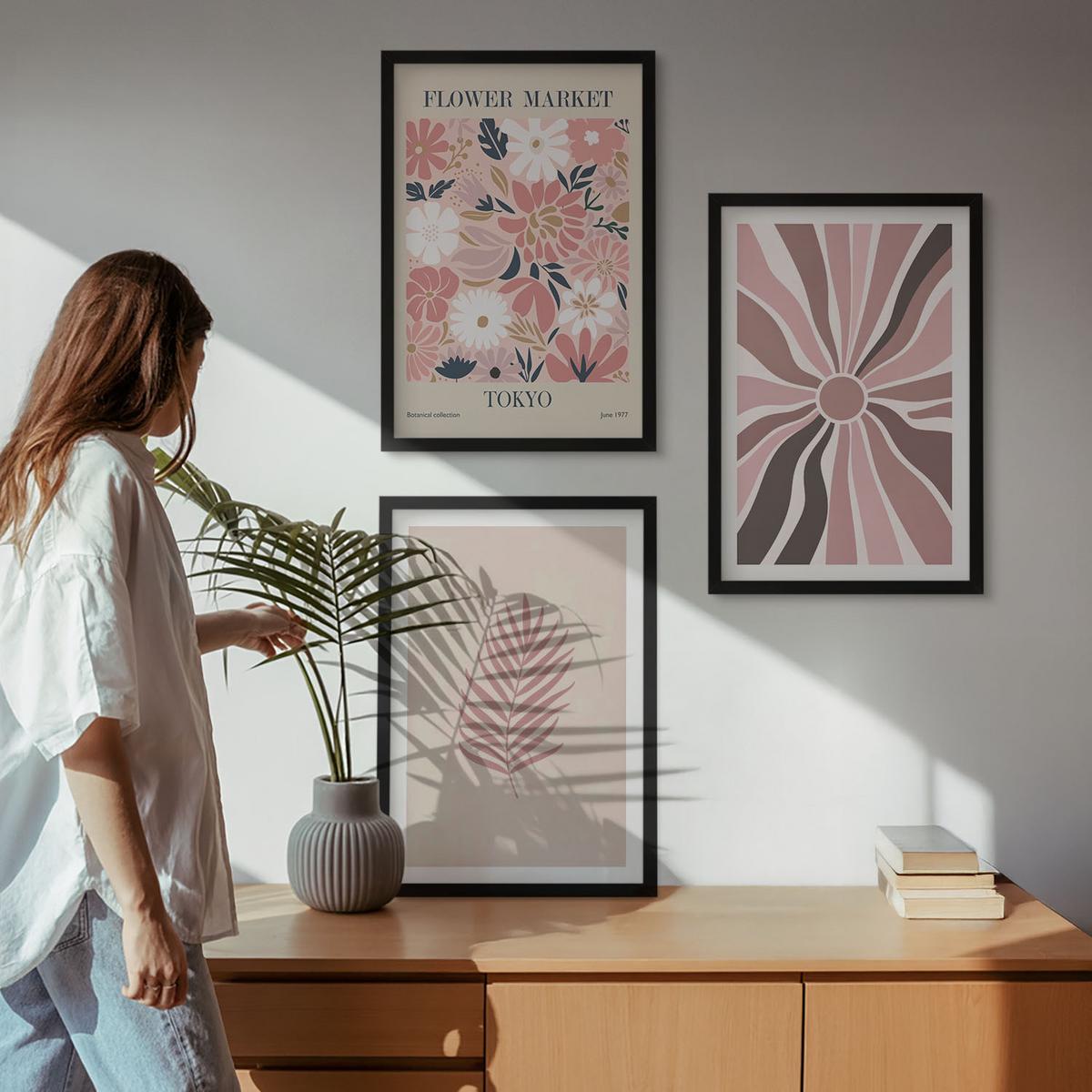 BILDER SET 3er Set - 40x60 cm Schwarzer Rahmen - Florale Blattmuster und Geometrie - Schwarz, Kunststoff (40/60cm) - TULUP