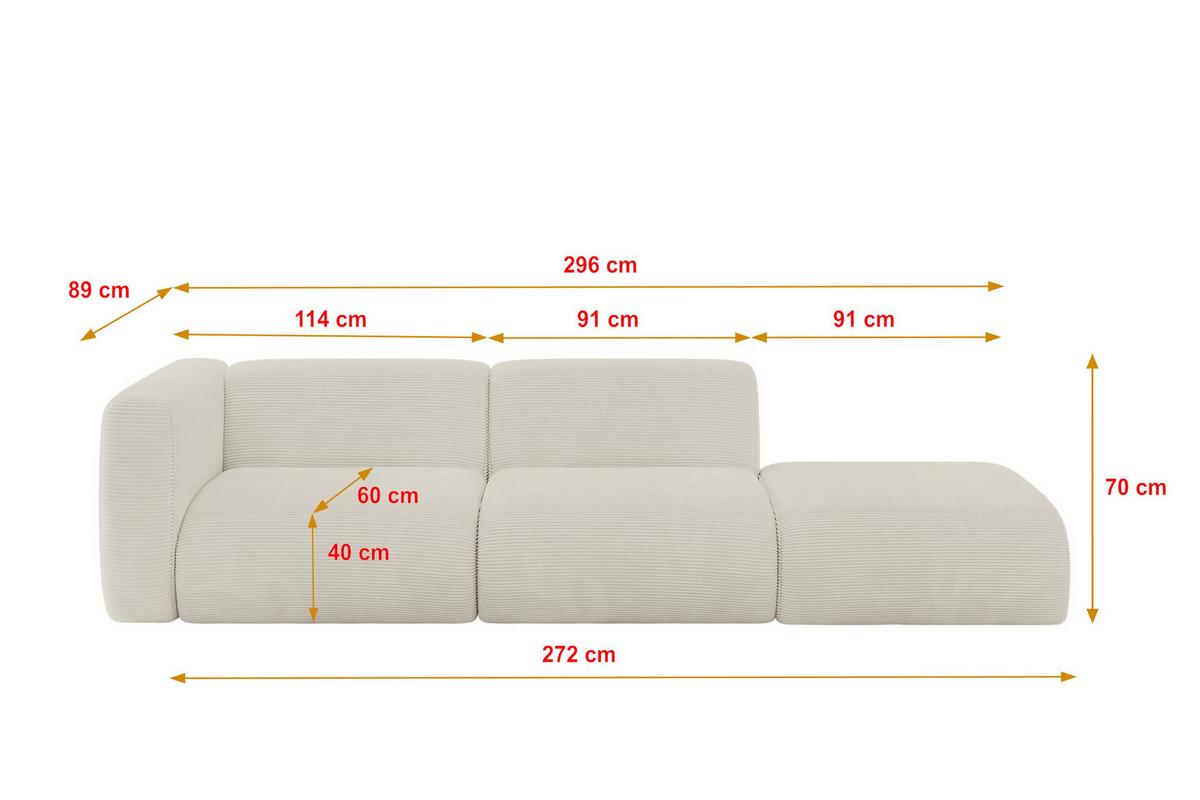 SOFA Ottomane Links MIRA-S3 296x89x70 Creme Cord - Ecru/Creme, Holzwerkstoff/Kunststoff (296/70/89cm) - ALTDECOR