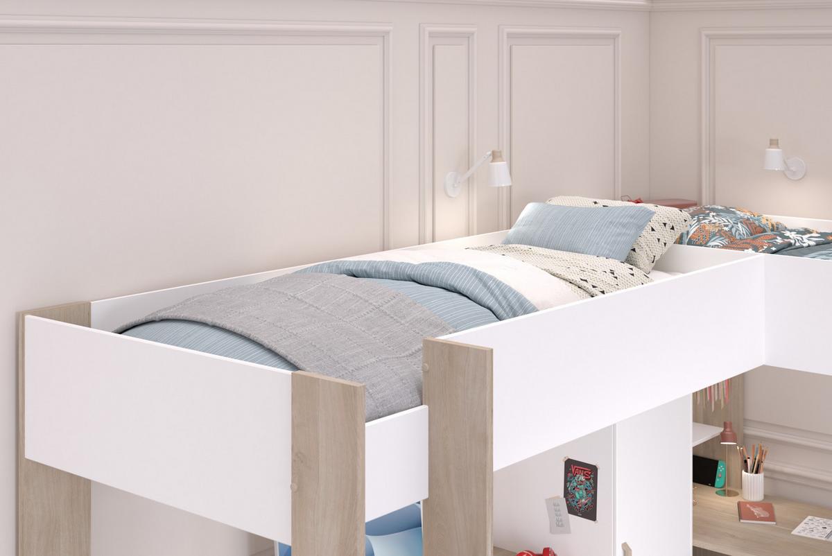 HOCHBETT weiß, Eiche, Kinderzimmer mit 2x Bett Liegefläche 90 x 200 cm - Eichefarben/Silberfarben, Holzwerkstoff/Kunststoff (90/200cm) - Parisot Meuble