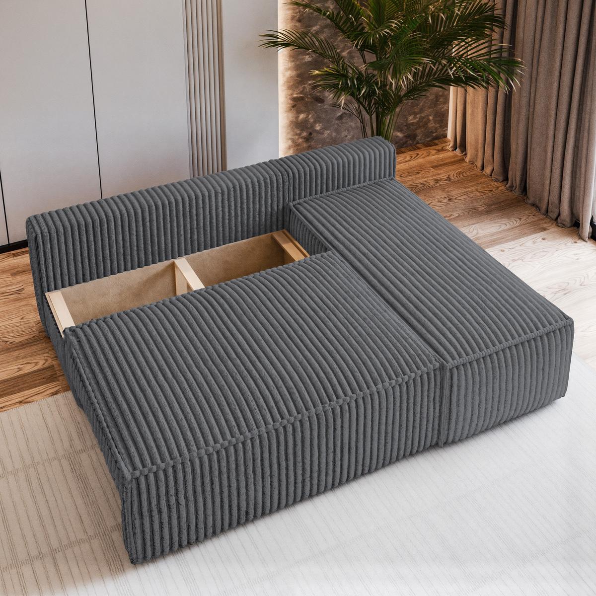 ECKSOFA BRISO T Graphitfarben Kordstoff mit Schlaffunktion - Graphitfarben/Grau, Holz/Kunststoff (200/140cm) - MASSENO