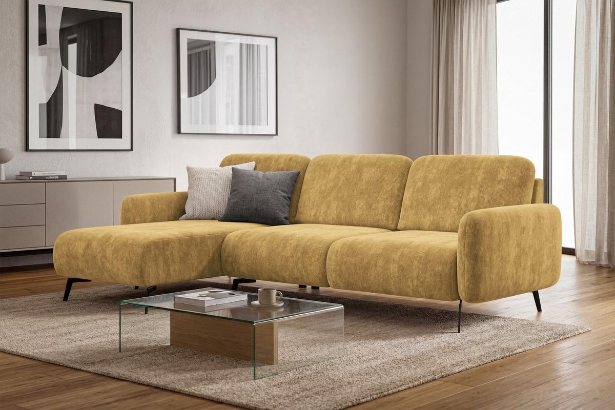 ECKSOFA FEBE 4-Sitzer LINKS, safranfarbener Chenille-Stoff - Gelb/Schwarz, Holz/Textil (264/157cm) - Wozimo