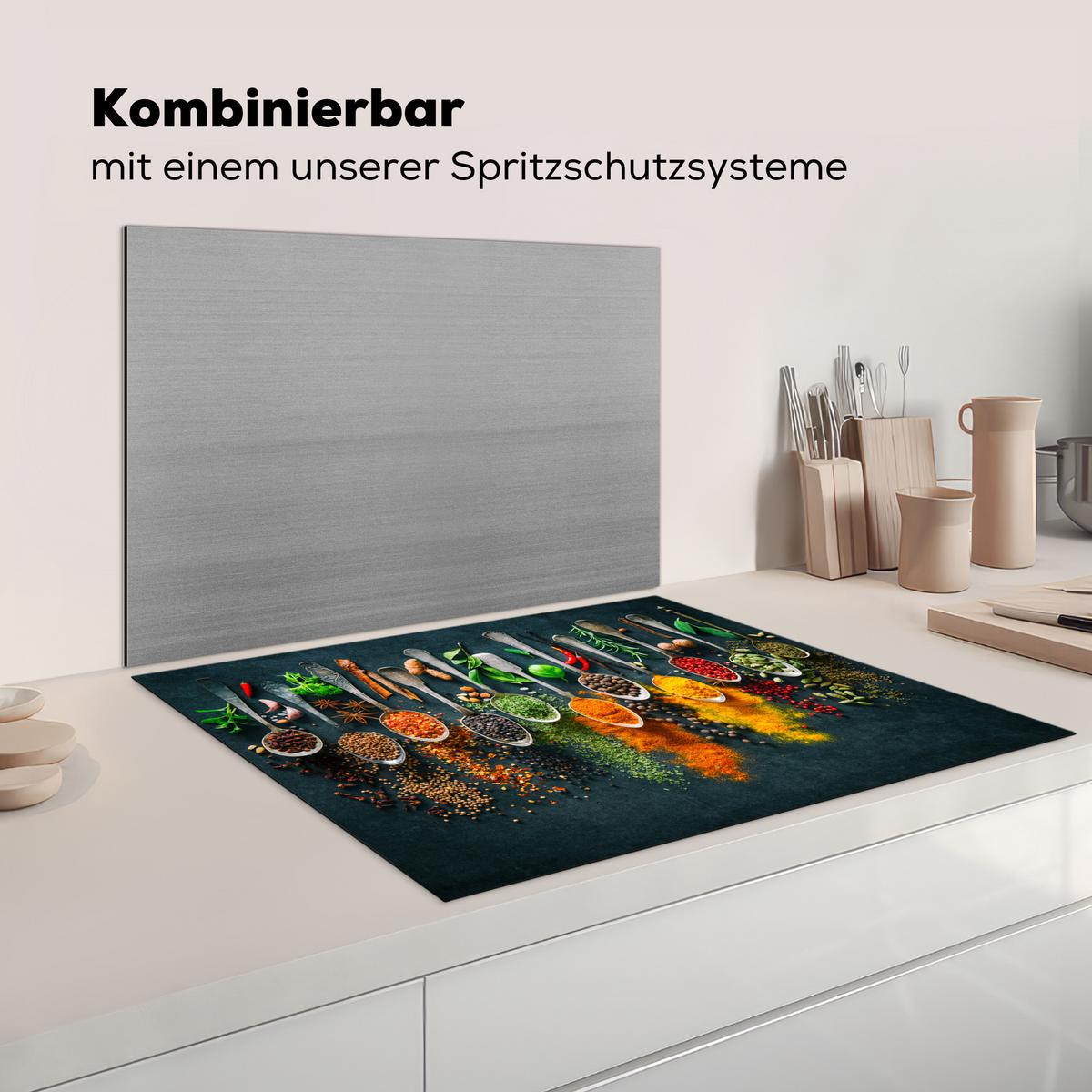 HERDABDECKPLATTE Kräuter - Gewürze - Löffel Induktionsmatte 77x59 cm - Multicolor, Kunststoff (77/59/0.2cm) - MuchoWow