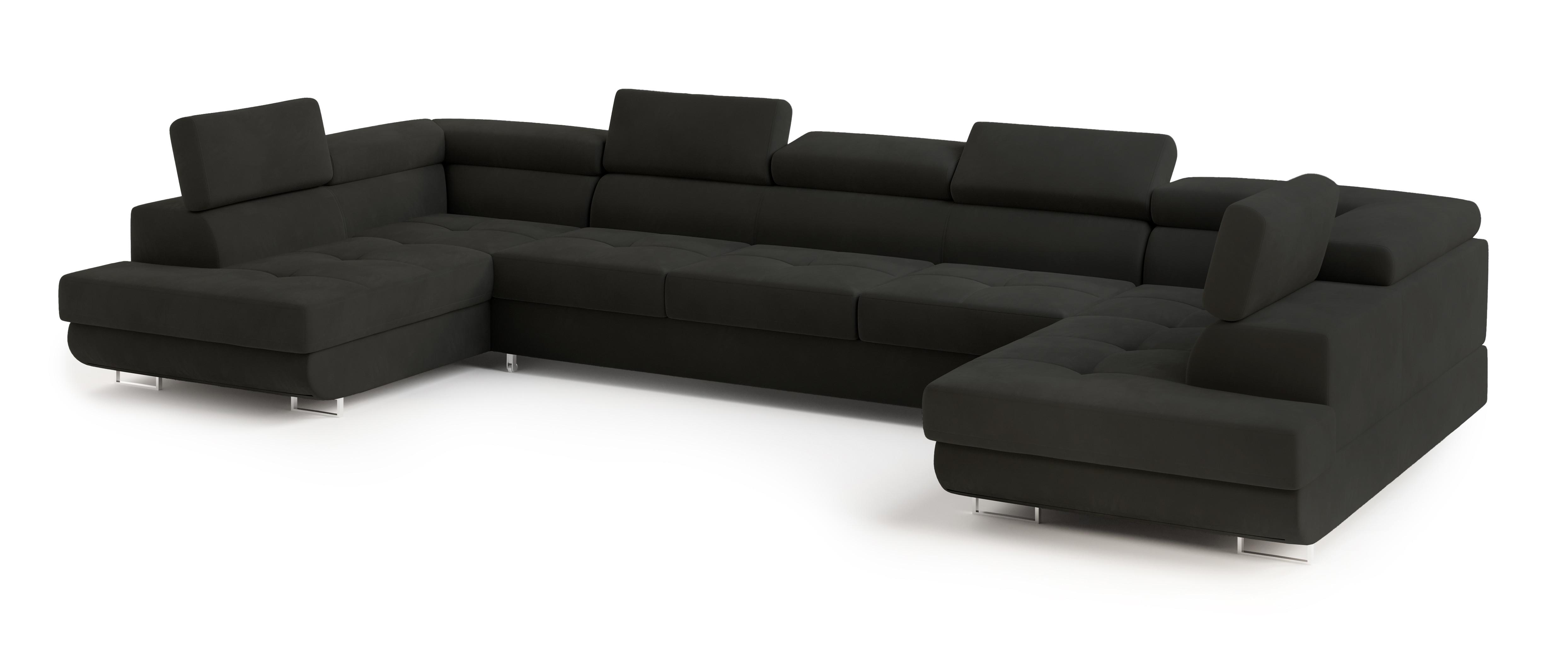 WOHNLANDSCHAFT ISOLANO Schwarz Velours-Stoff mit Schlaffunktion - Schwarz, Holz (408/90/202cm) - MASSENO