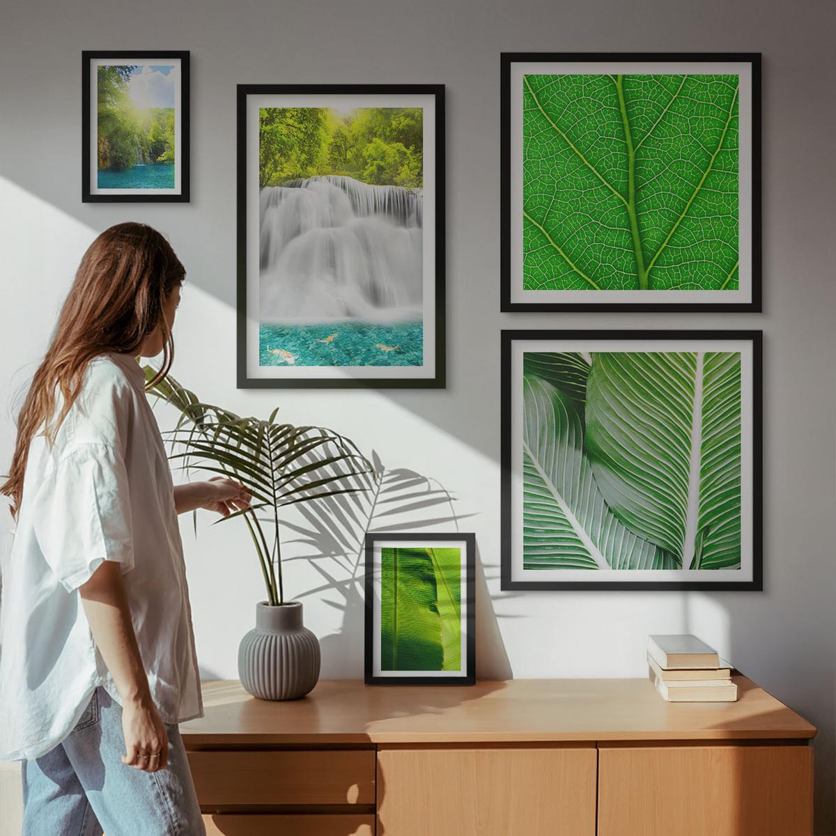 BILDER SET 5er Set - 50x50 cm & 20x30 cm & 40x60 cm Schwarzer Rahmen - Nahaufnahme von tropischen Blättern - Schwarz, Kunststoff (40/60cm) - TULUP