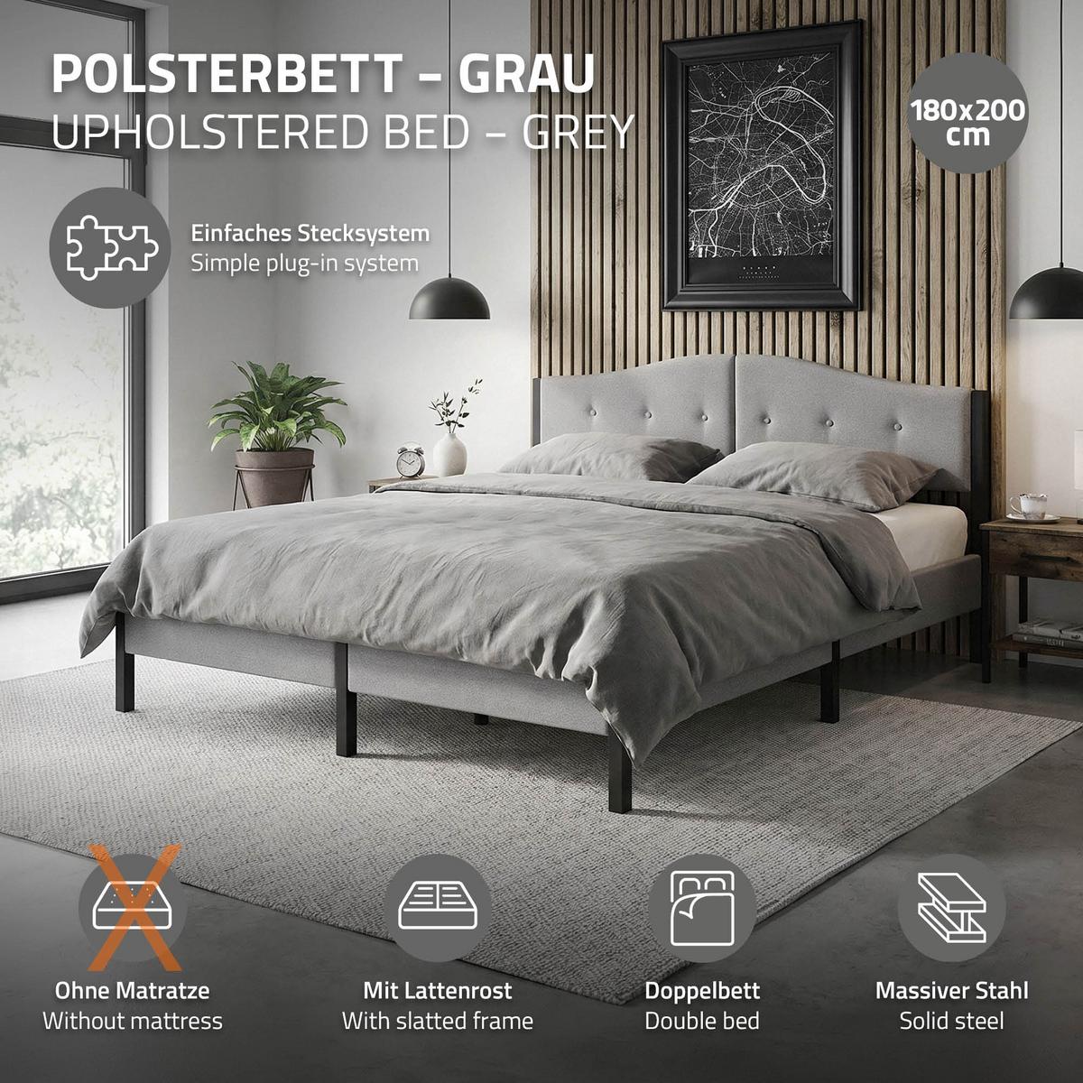 POLSTERBETT 180x200 cm Grau mit Lattenrost und Leinenstoff - Grau, Holzwerkstoff/Textil (180/200cm) - ML-DESIGN