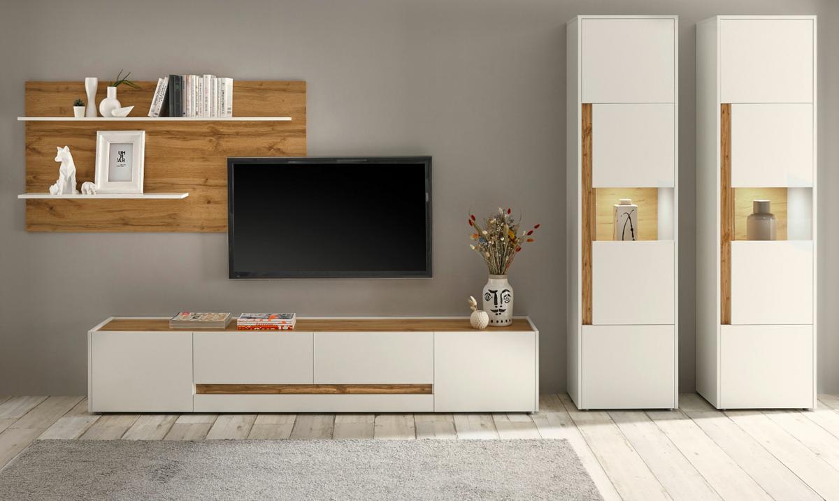 WOHNWAND weiß, Eiche Wotan 4-teilig 400 cm, Schrankwand mit viel Stauraum - Schwarz/Weiß, Glas/Holz (400/197/45cm) - Furn.Design