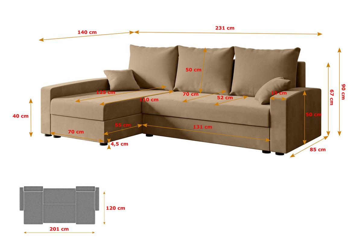 ECKSOFA mit Schlaffunktion und Bettkasten ALESIA-L 231x140x90 cm Beige Velours - Ecru/Beige, Holzwerkstoff/Kunststoff (231/140cm) - ALTDECOR