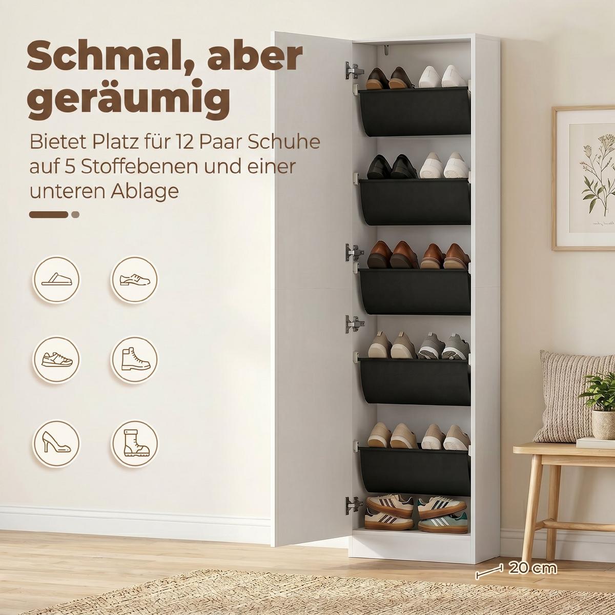 SCHUHSCHRANK Spanplatte Hartglas Weiß - Silberfarben/Weiß, Holzwerkstoff/Textil (20/180/50cm) - HOMCOM