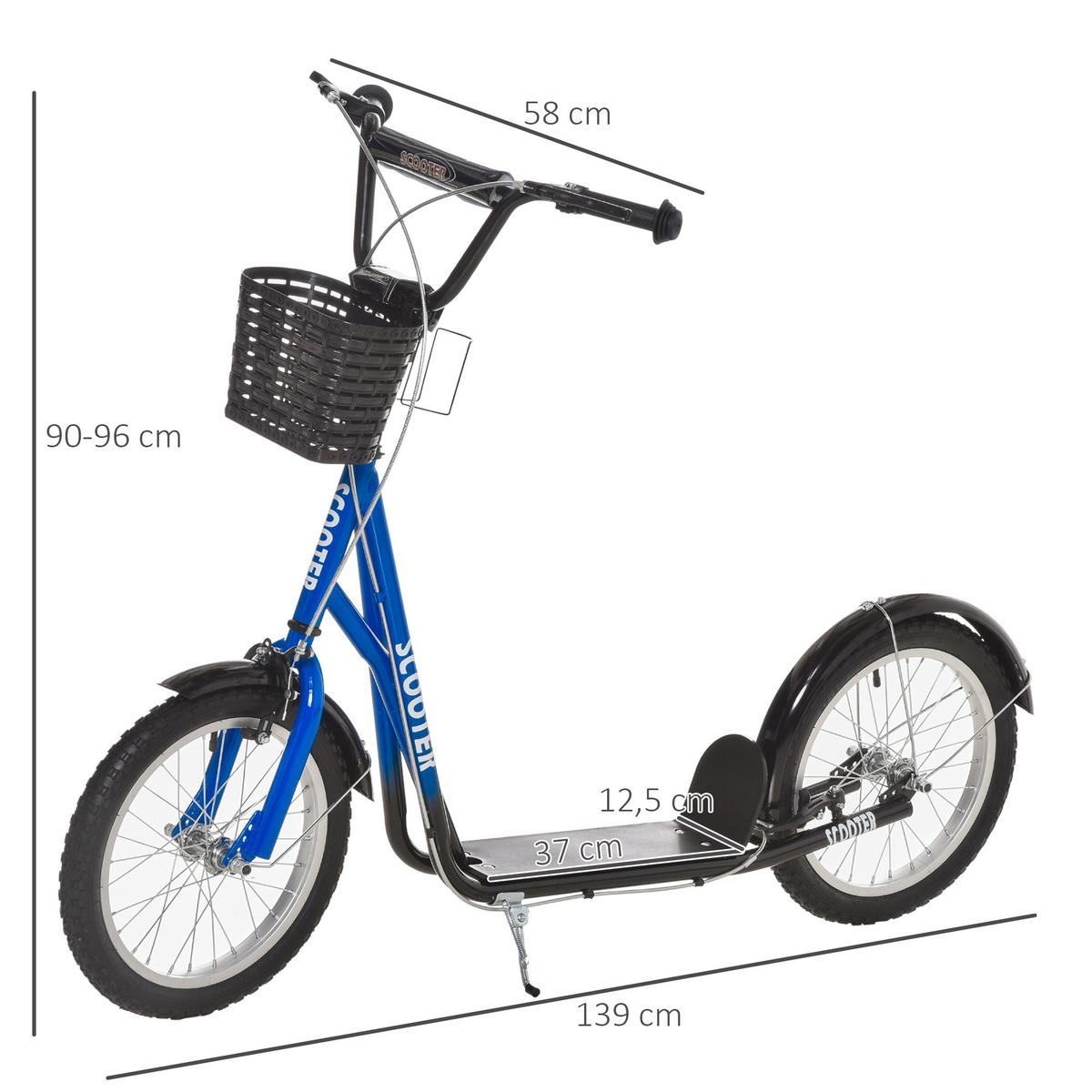 KINDERROLLER Scooter Tretroller mit Bremse Korb höhenverstellbar Gummi Blau - Blau, Metall (139/58/96cm) - HOMCOM