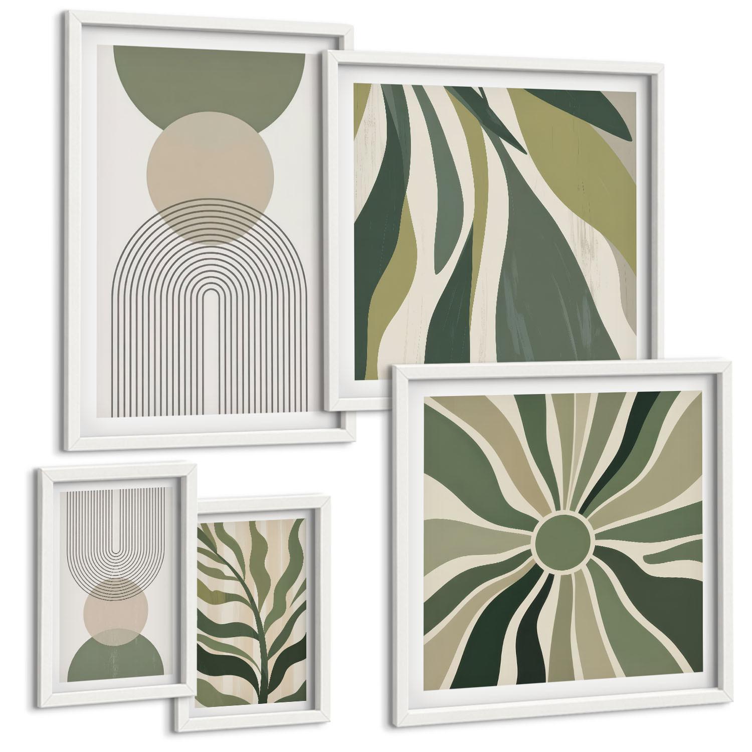 BILDER SET 5er Set - 50x50 cm & 20x30 cm & 40x60 cm Weißer Rahmen - Bemalte Blätter mit Grün - Weiß, Kunststoff (40/60cm) - TULUP