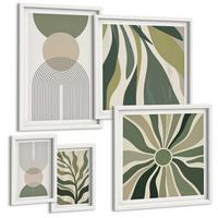 BILDER SET 5er Set - 50x50 cm & 20x30 cm & 40x60 cm Weißer Rahmen - Bemalte Blätter mit Grün - Weiß, Kunststoff (40/60cm) - TULUP