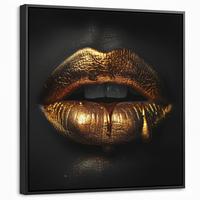 LEINWAND Bilder mit Rahmen - Frau - Porträt - Lippen - Gold - Schwarz - 50x50 - Schwarz, Textil (50/50cm) - MuchoWow