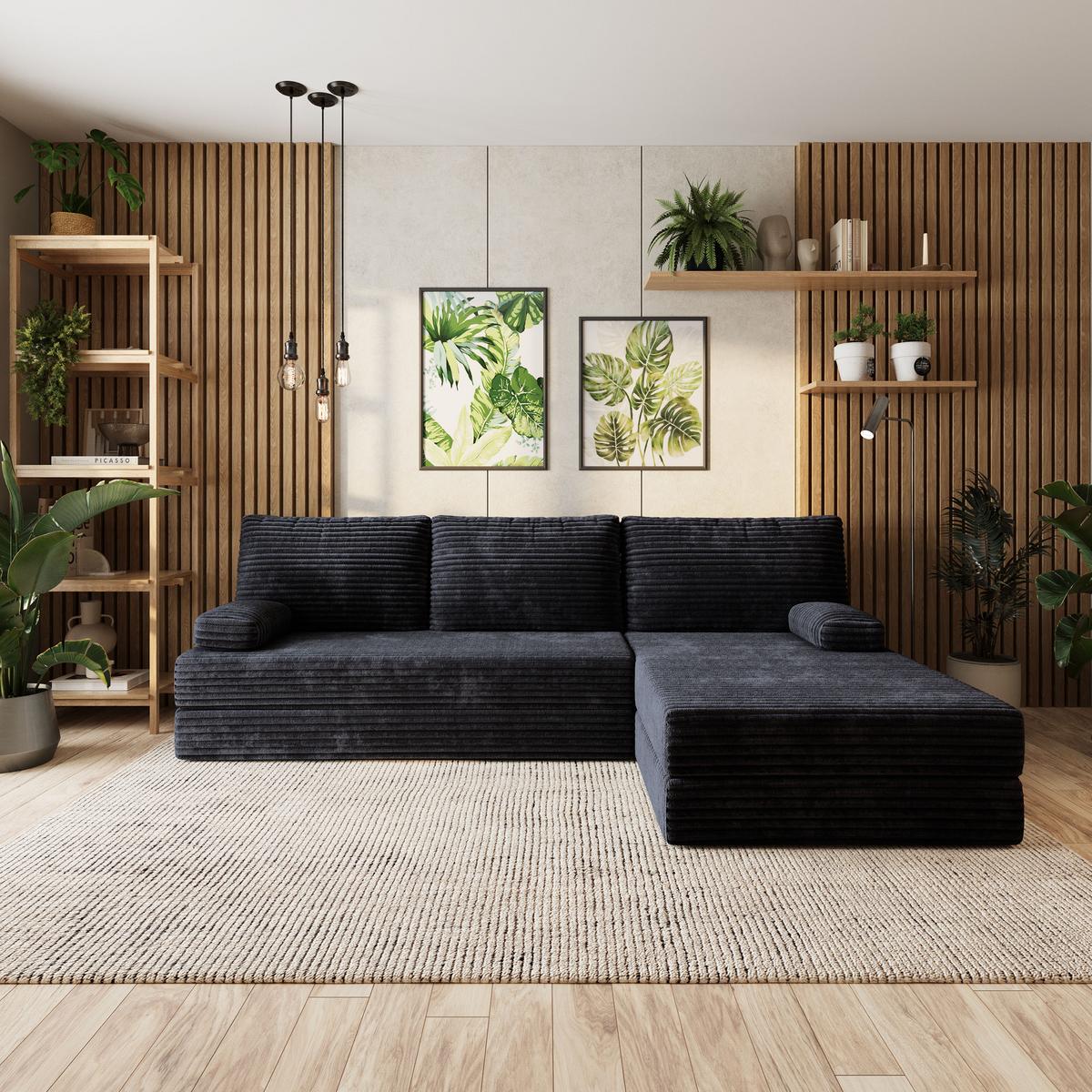 ECKSOFA ANKO modulares Boneless Sofa mit Schlaffunktion Schwarz Kordstoff - Schwarz, Textil (270/160cm) - MASSENO