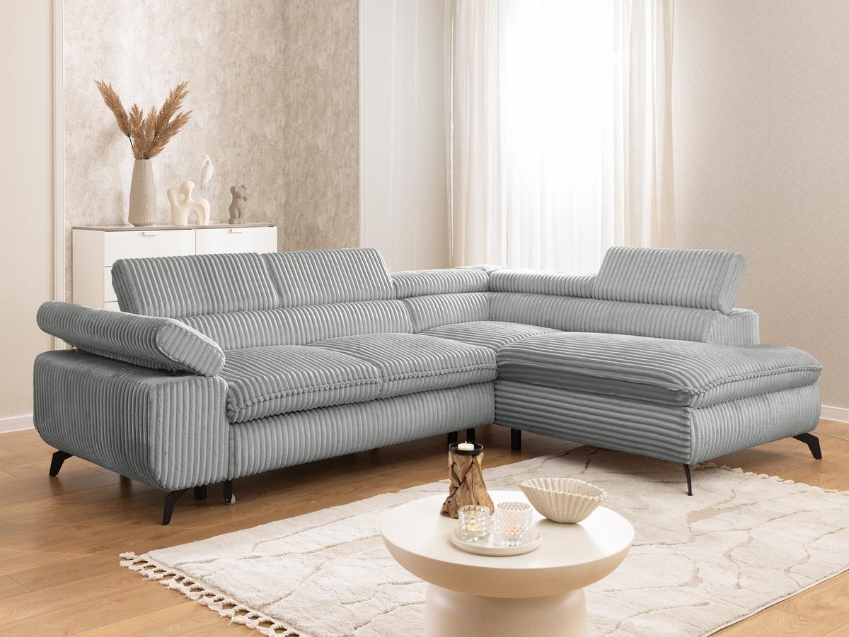 ECKSOFA mit Schlaffunktion und Bettkasten Bonnie aus Hellgrau Cord-Stoff mit verstellbaren Kopfstützen und Armlehne - Ottomane rechts - Hellgrau/Schwarz, Holz/Textil (275/210cm) - S-Style Möbel