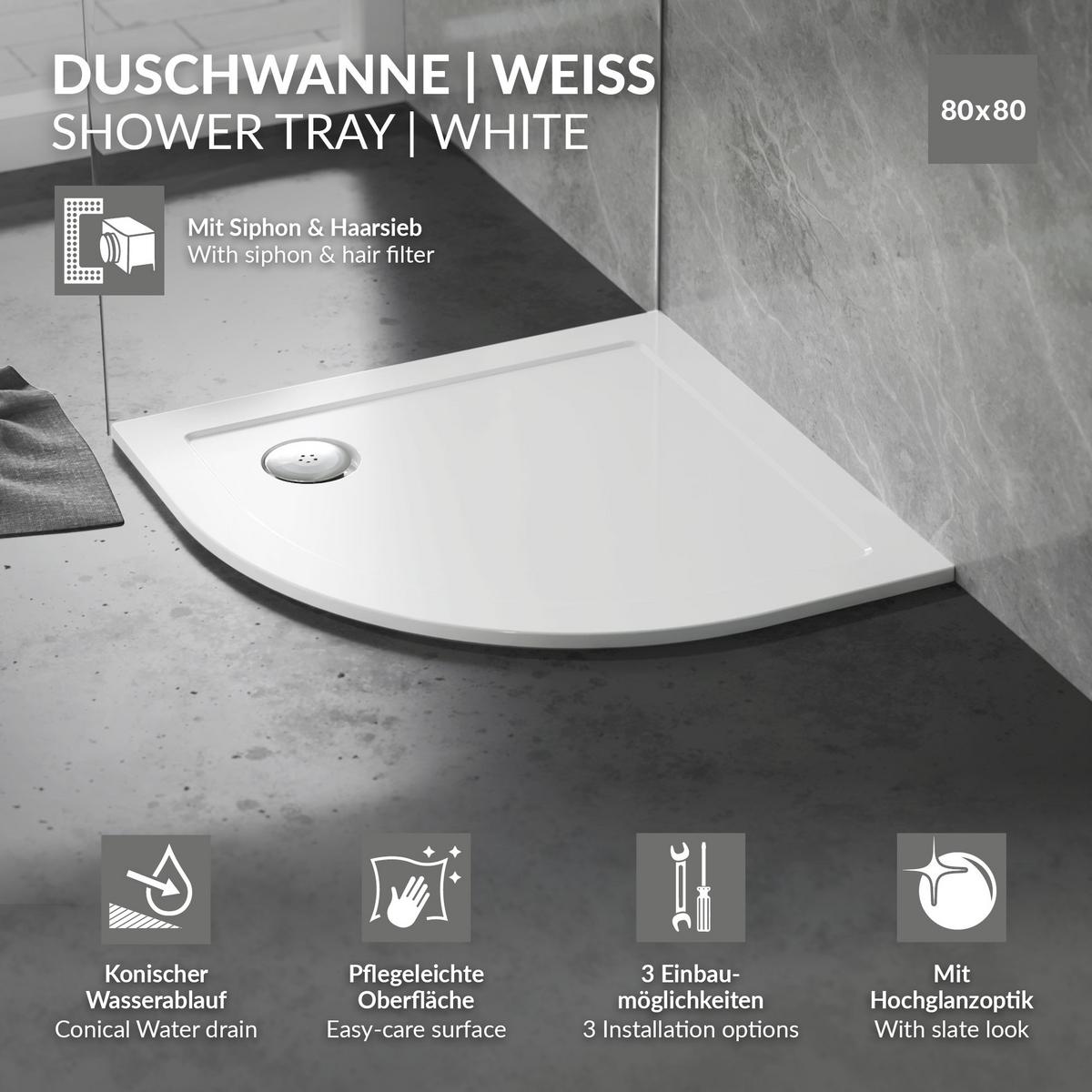 DUSCHWANNE 80x80 cm rund Weiß Duschtasse mit Ablaufgarnitur - Weiß, Kunststoff (80/4/80cm) - LuxeBath